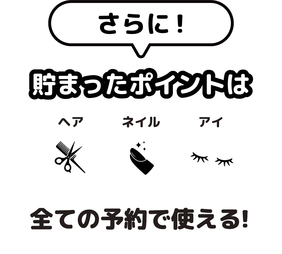 さらに! 貯まったポイントは ヘア/ネイル/アイ 全ての予約で使える!